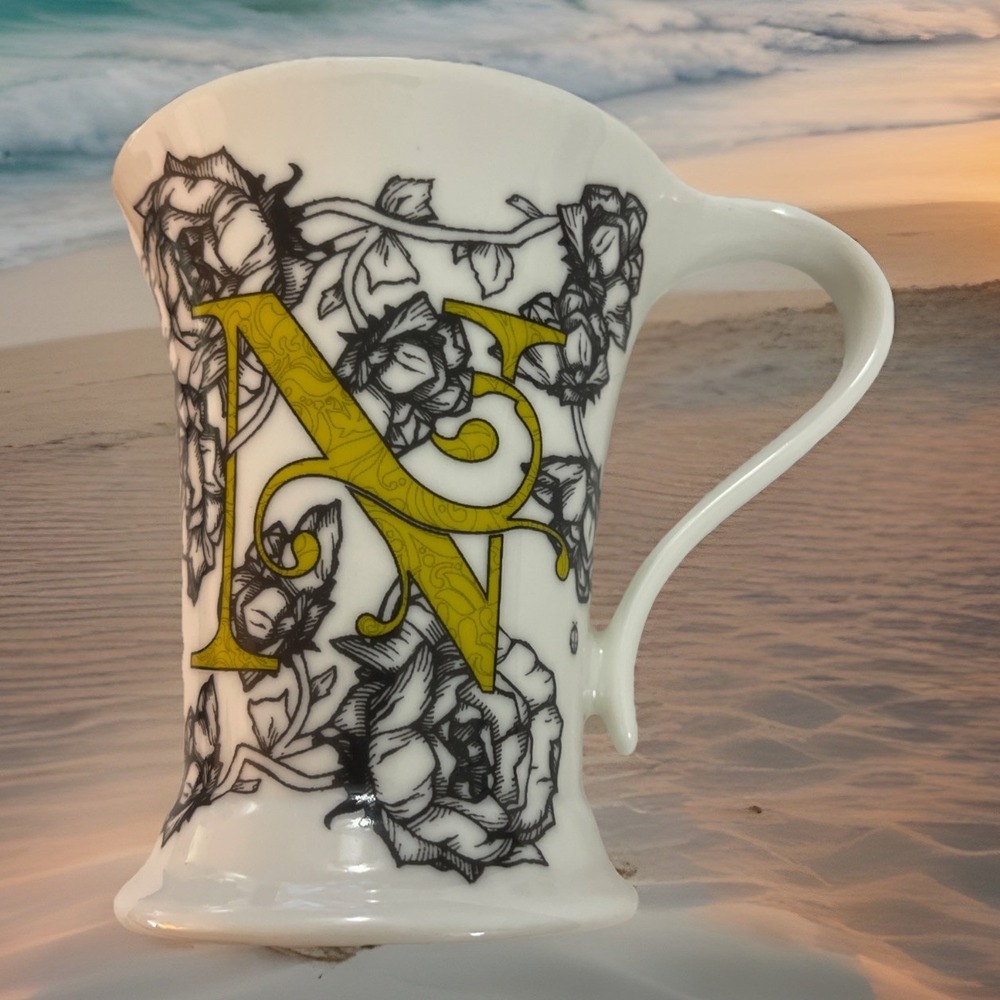 New Vintage Monogram Initial Letter N Floral Coffee Mug Yellow Cypress Home 12oz